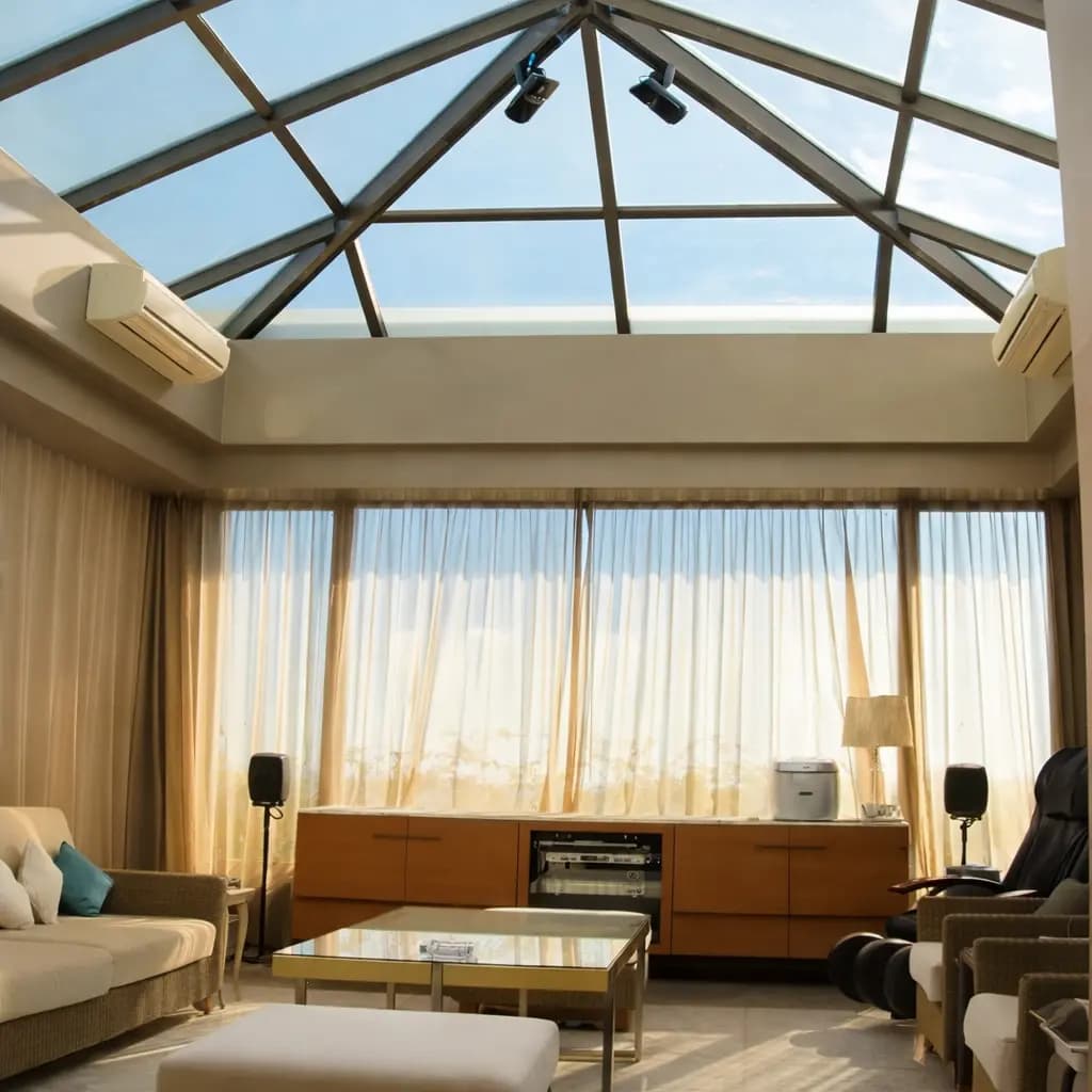 Sunroom interior with a glazed skylight roof