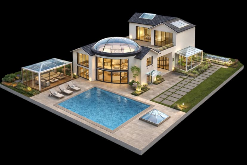 Isometric illustration of a house with skylight installations