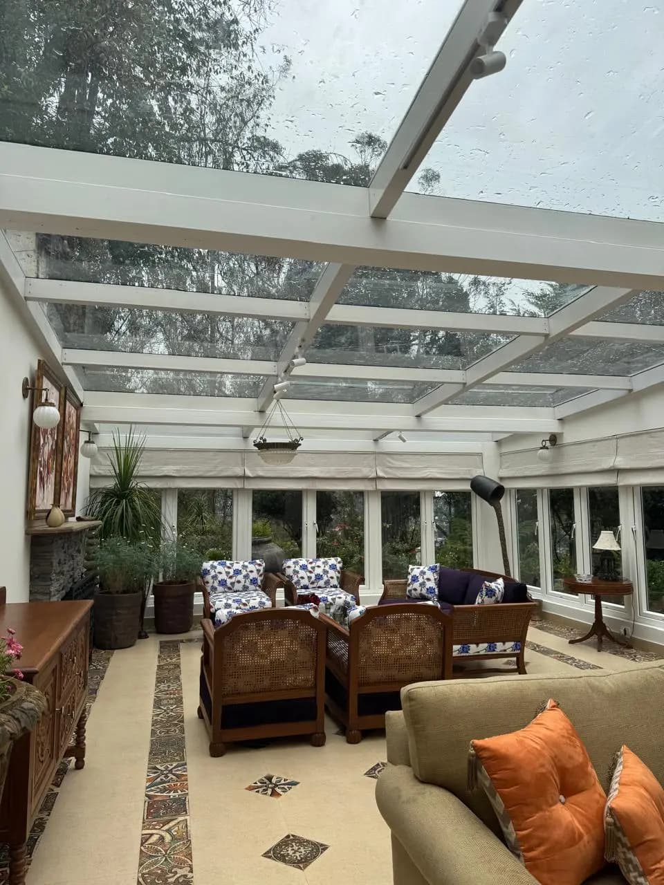 Conservatory interior with a glazed skylight roof